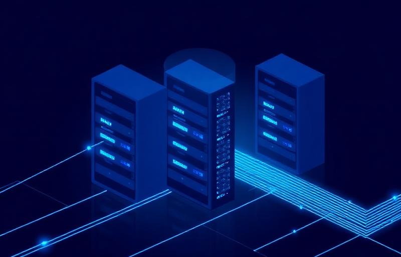 Isometric server racks with pulsing blue data lights