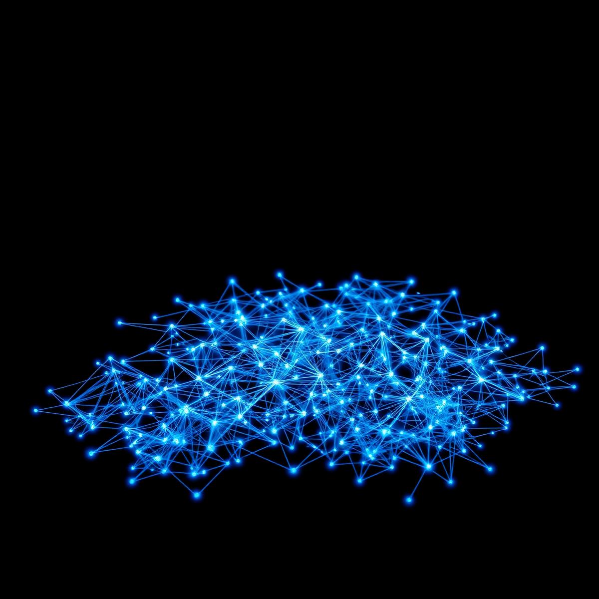 Abstract data architecture visualization showing connected nodes and glowing indigo wireframes